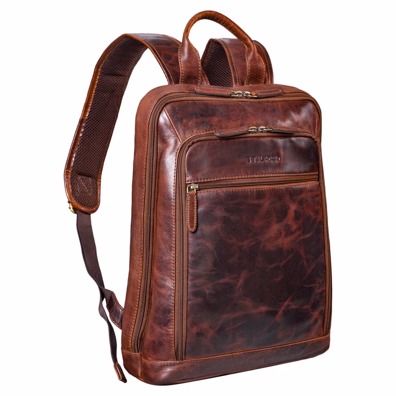 Zaino cuoio vintage con scomparti multipli con cerniera da una prospettiva angolata frontale Zaino cuoio vintage con scomparti multipli con cerniera da una prospettiva angolata frontale