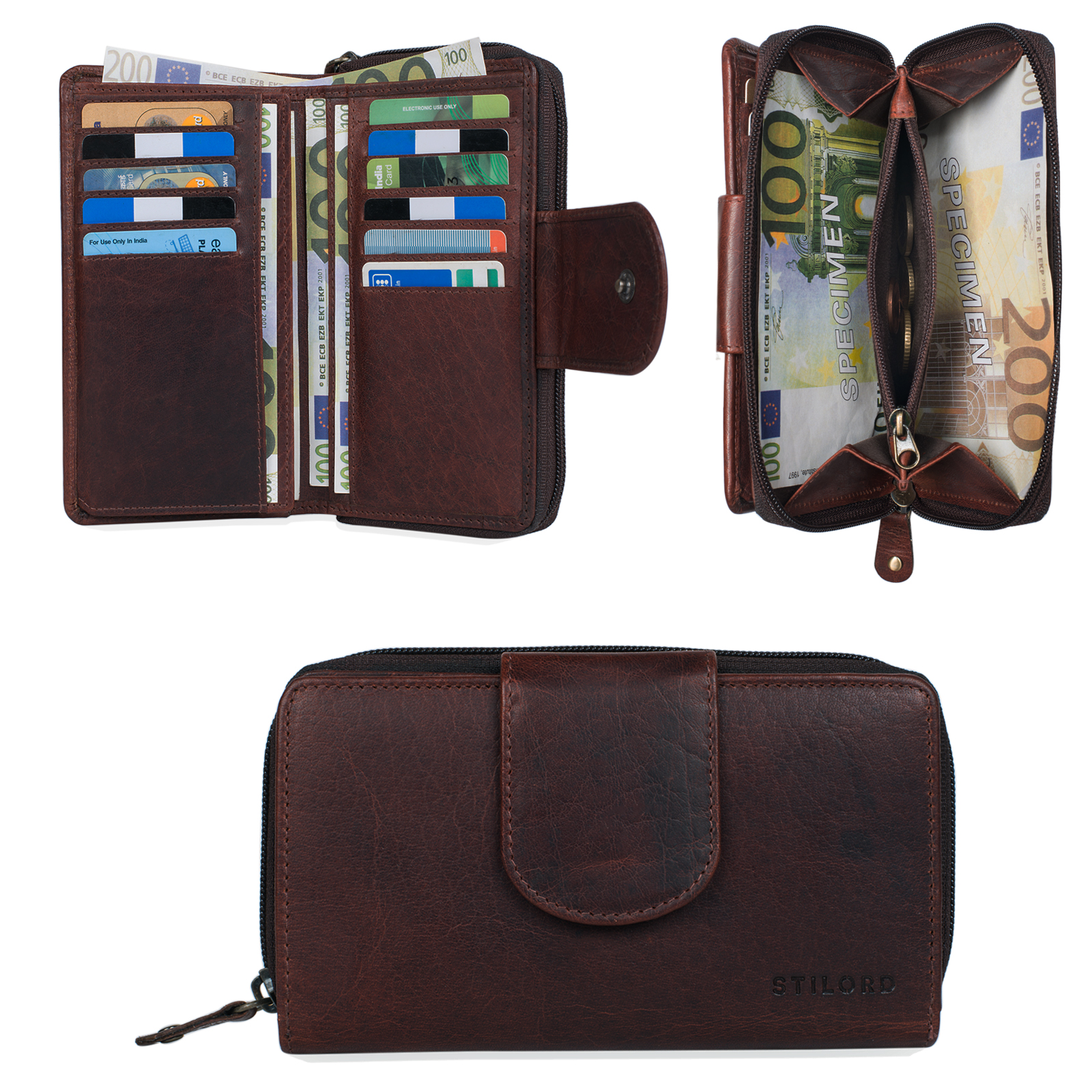 LEAS Classic-Collection Portafoglio In Vera Pelle Marrone – Uomo E Donna, Con 4 Tasche E Portamonete
